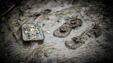 insignia. Crushed military insignia lies in mud amid scattered footprints, earthy tones. ESG reports, sustainability campaigns, designed for environmental awareness campaigns.