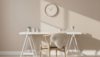 Interior design of a living room with a wood dining table and chairs, modern home decor, light from the window, and nobody present