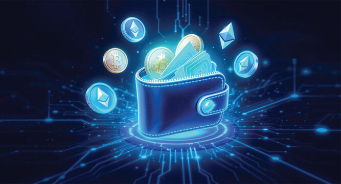 Futuristic crypto wallet with floating digital tokens. Virtual blockchain wallet filled with cryptocurrencies. Secure e-wallet storing multiple crypto assets
