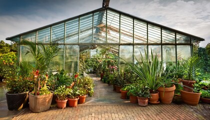glass greenhouse with various potted plants