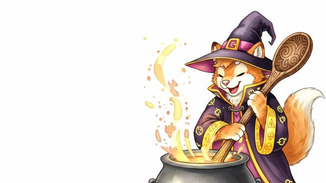 Animated cat witch stirring potion with magic glow in a cauldron
