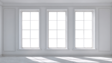 empty white room with big windows isolated on white or transparent png