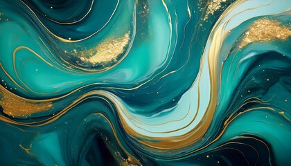 teal and blue paint swirls with gold glitter modern art wallpaper
