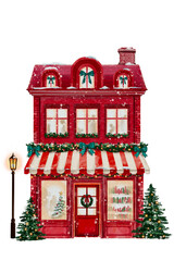christmas house with red ribbon Shop, town, village, festival, happy, hometown, family day, warm, cozy, winter, snowfall, event, hand drawn illustration on transparent background.