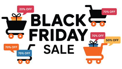 Black Friday sale with shopping carts and discount bubbles, retail and e-commerce concept, vector illustration, isolated on white background, digital graphic for websites, apps, promotions, 