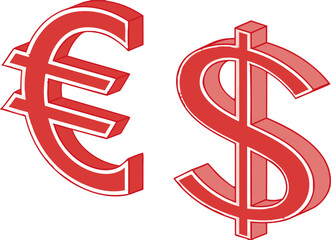 Vector design of red Euro and Dollar currency symbols, isolated on vibrant red background, perfect for international trade and financial themes.
