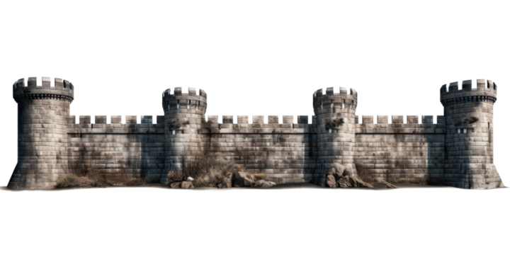 ancient castle brick wall isolated on white or transparent png