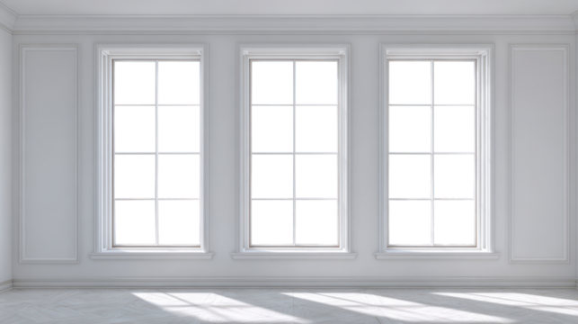 empty white room with big windows isolated on white or transparent png