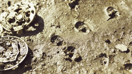 insignia. Crushed military insignia lies in mud amid scattered footprints, earthy tones. ESG reports, sustainability campaigns, designed for environmental awareness campaigns.