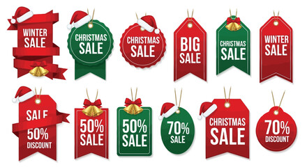 Vector illustration of christmas and winter sale tags collection with santa hats, ribbons, and bells, isolated on