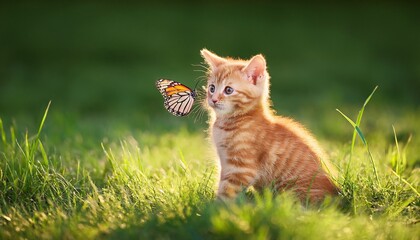 small orange kitten playing with a butterfly in the grass