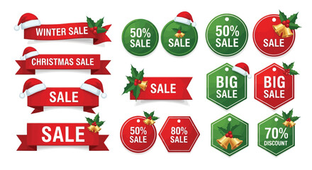 Vector illustration of winter and christmas sale banners and tags with santa hats, holly, and bells, isolated on