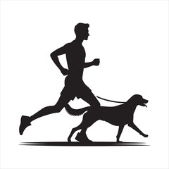 Runner with Dog in Park vector silhouette outline logo design concept illustration