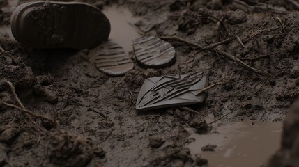 insignia. Crushed military insignia lies in mud amid scattered footprints, earthy tones. ESG reports, sustainability campaigns, designed for environmental awareness campaigns.