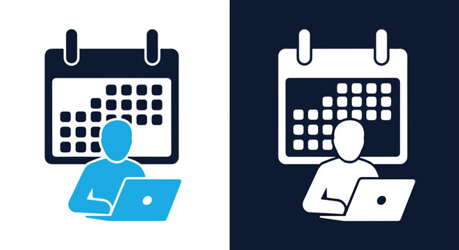 Businessman working on laptop calendar - Vector icon symbol for website - Icon vector - Blue icon vector - Line and glyph solid icon and logo template