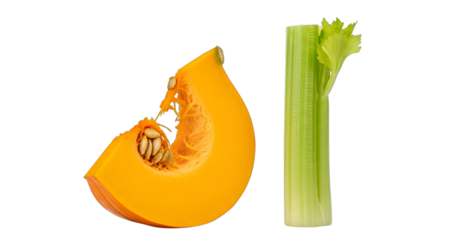Slice of pumpkin and a stalk of celery isolated on transparent background