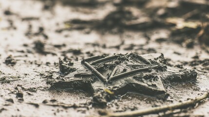 insignia. Crushed military insignia lies in mud amid scattered footprints, earthy tones. ESG reports, sustainability campaigns, designed for environmental awareness campaigns.