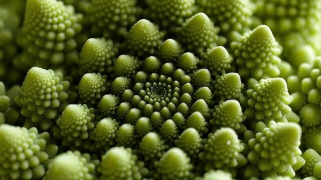 Macro close-up of a vibrant green Romanesco broccoli showcasing its natural fractal spiral patterns.