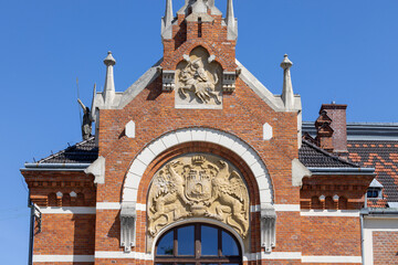 Decorative facade of 19th century Sokoł Building, Gymnastic Society Falcon, Jaroslaw, Poland