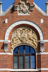 Decorative facade of 19th century Sokoł Building, Gymnastic Society Falcon, Jaroslaw, Poland