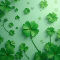 Fresh green clover leaves, vibrant white background.

