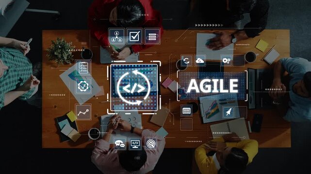A top-down view of a group of professionals collaborating in an agile workshop, utilizing various tools and visuals to enhance teamwork and innovation in a modern workspace. Raster