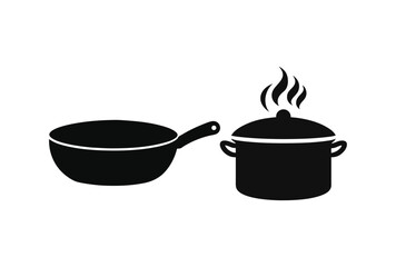 Isolated black silhouette of a frying pan and a steaming pot on a white background, representing cooking and kitchenware.