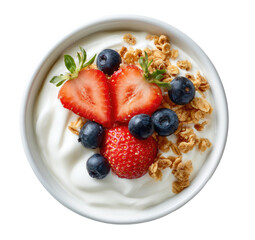 Top-down view of a bowl of yogurt with granola, berries, and fruit