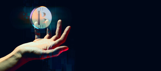 businessman hand holding holographic of  metaverse network on black background, internet social...