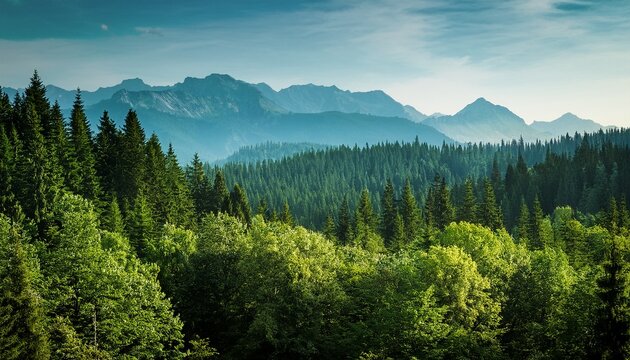 lush green forest with mountains in the background - Powered by Adobe