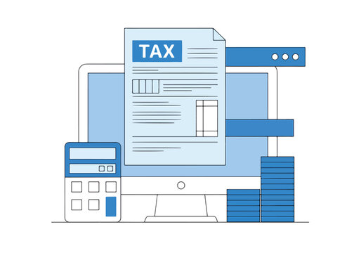 Computer screen showing tax form and financial documents for online filing - Flat Vector Illustration, icon. Editable stroke. Colored vector illustration