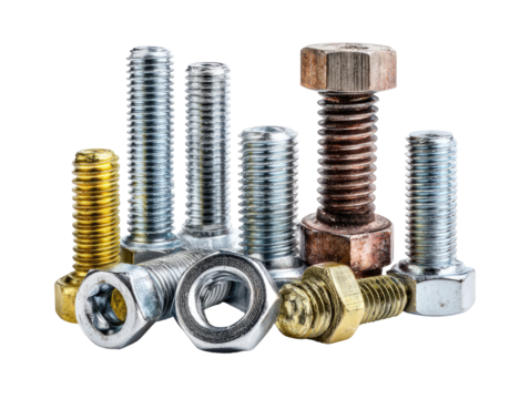 Close-up of various metal bolts and nuts in different colors and sizes, arranged in a group