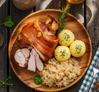 Classic Bavarian Food Schweinshaxe with Sauer Cabbage and Potato Balls