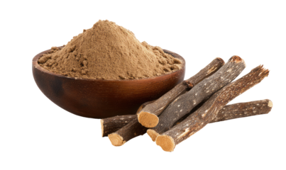 Ground root powder in a wooden bowl, alongside whole root sticks