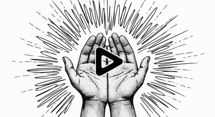 Hands holding a play button symbol with radiating lines representing energy.
