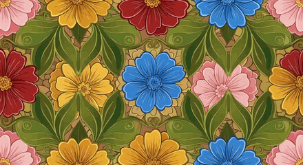 Vibrant Floral Pattern with Colorful Flowers and Green Leaves.