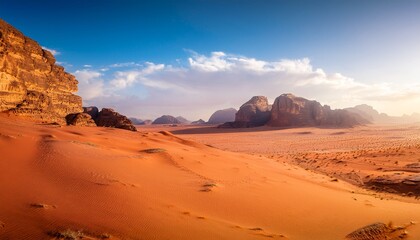 dramatic desert landscape of wadi rum jordan with vast sand plains and towering sandstone mountains natural rock formations in warm afternoon light