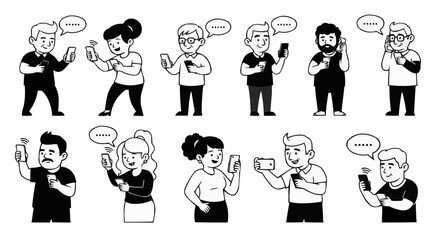 Hand drawn set of diverse people communicating on mobile phones.