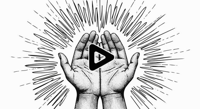 Hands holding a play button symbol with radiating lines representing energy.