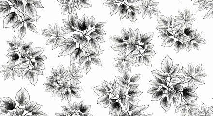 Seamless Pattern of Hand-Drawn Botanical Leaves and Branches in Monochrome Style.