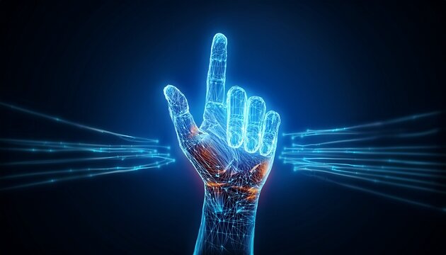 a 3d rendered hand made of lines indicating connection and interaction with technology the hand glows in a futuristic design with the index finger extended and facing toward the front - Powered by Adobe