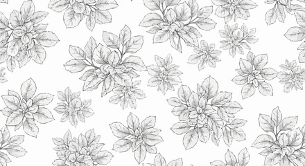 Floral pattern of detailed botanical illustrations on white background.