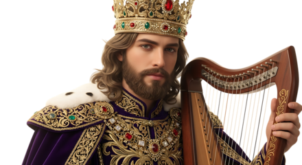 Transparent background  man with crown and beard holding a harp wearing purple and gold robe with gems and white fur trim. King David