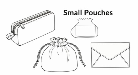 Collection of Small Pouches and Bags Line Art Illustration.