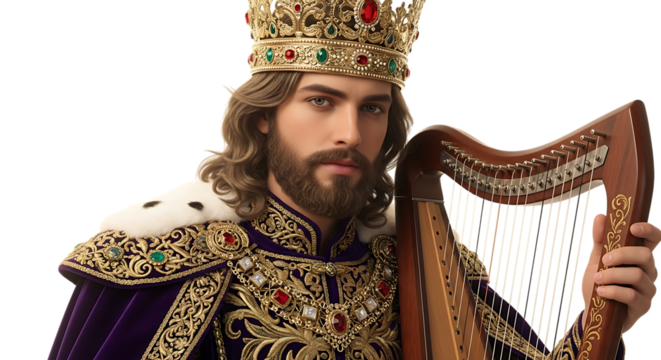 Transparent background  man with crown and beard holding a harp wearing purple and gold robe with gems and white fur trim. King David