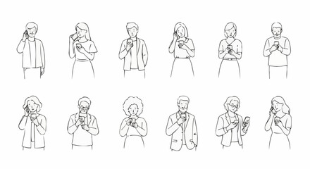 Collection of Diverse People Engaged with Smartphones in Sketch Style.