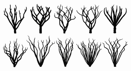 Set of ten black silhouettes of leafless winter bushes.