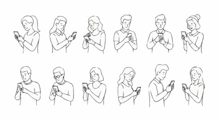 Diverse group of people engrossed in their smartphones in a sketch style.