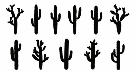 Collection of various black cactus silhouette vector icons.