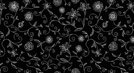 Elegant floral pattern with intricate details on a dark background.